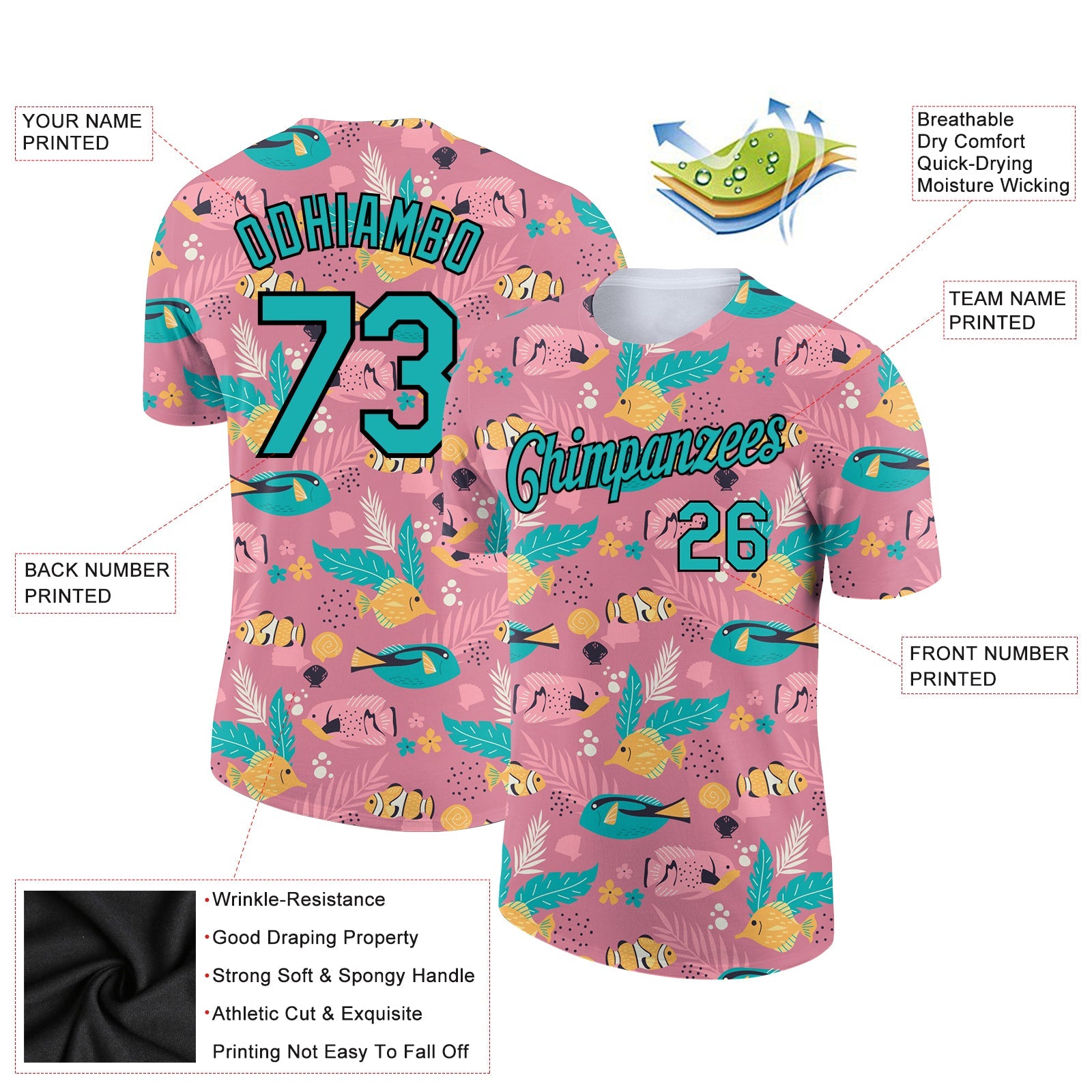 Custom Pink Aqua-Black 3D Pattern Design Summer Holiday Fish Performance T-Shirt view 2