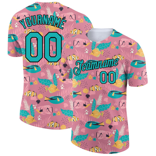 Custom Pink Aqua-Black 3D Pattern Design Summer Holiday Fish Performance T-Shirt - Main View