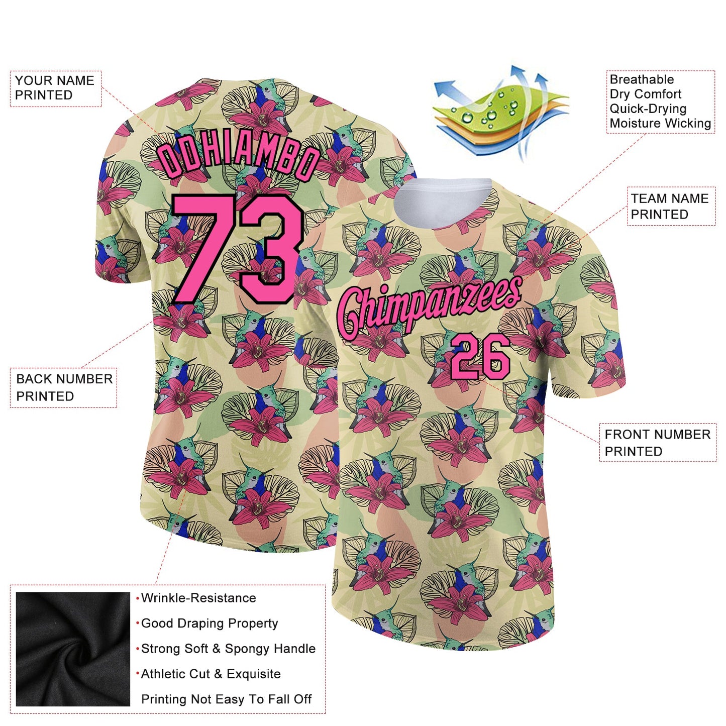 Custom City Cream Pink-Black 3D Pattern Design Tropical Hawaii Colibri And Flower Performance T-Shirt view 2