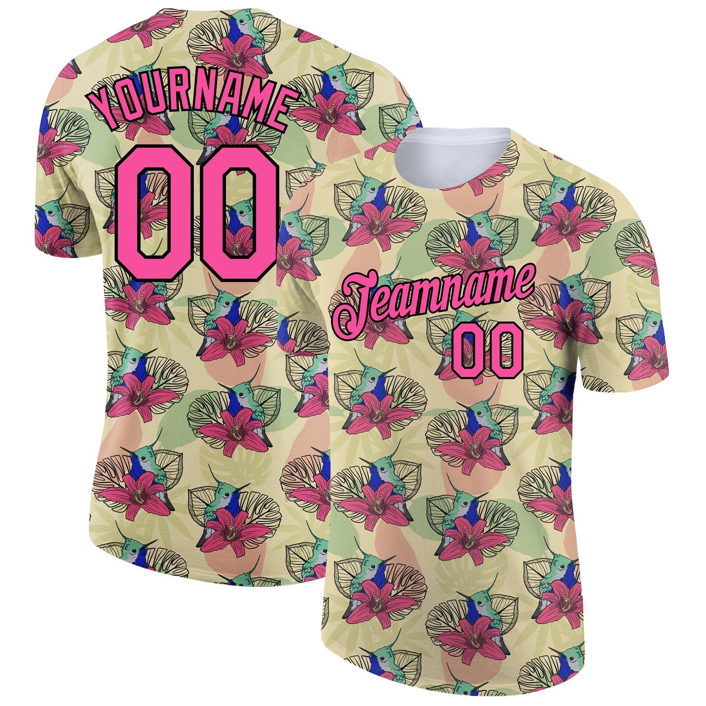 Custom City Cream Pink-Black 3D Pattern Design Tropical Hawaii Colibri And Flower Performance T-Shirt - Main View