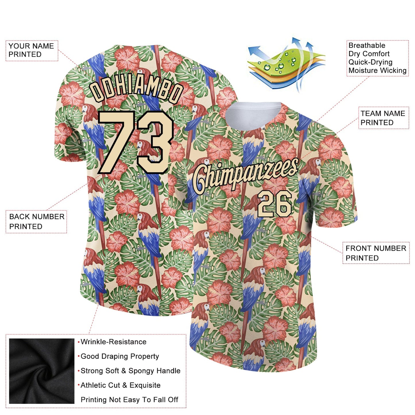 Custom City Cream Black 3D Pattern Design Tropical Hawaii Bird And Leaves Performance T-Shirt view 2