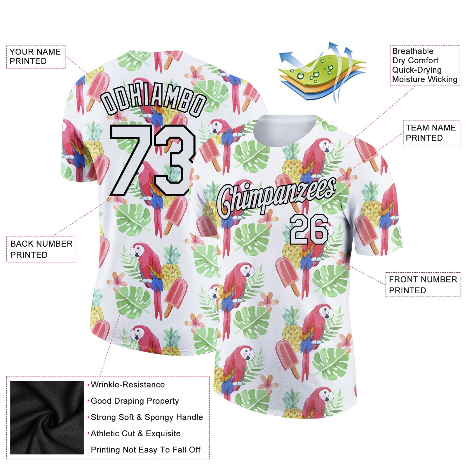 Custom White Black 3D Pattern Design Tropical Hawaii Bird And Fruit Performance T-Shirt view 2