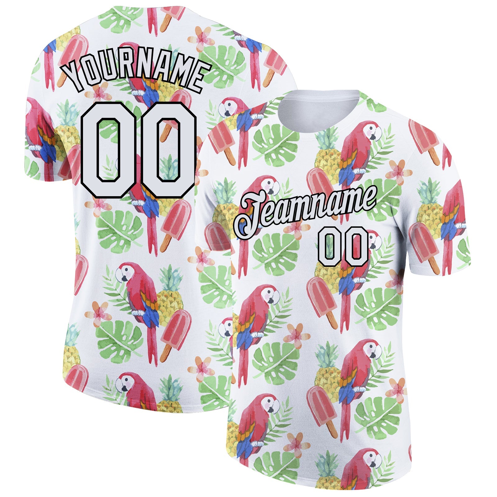 Custom White Black 3D Pattern Design Tropical Hawaii Bird And Fruit Performance T-Shirt - Main View