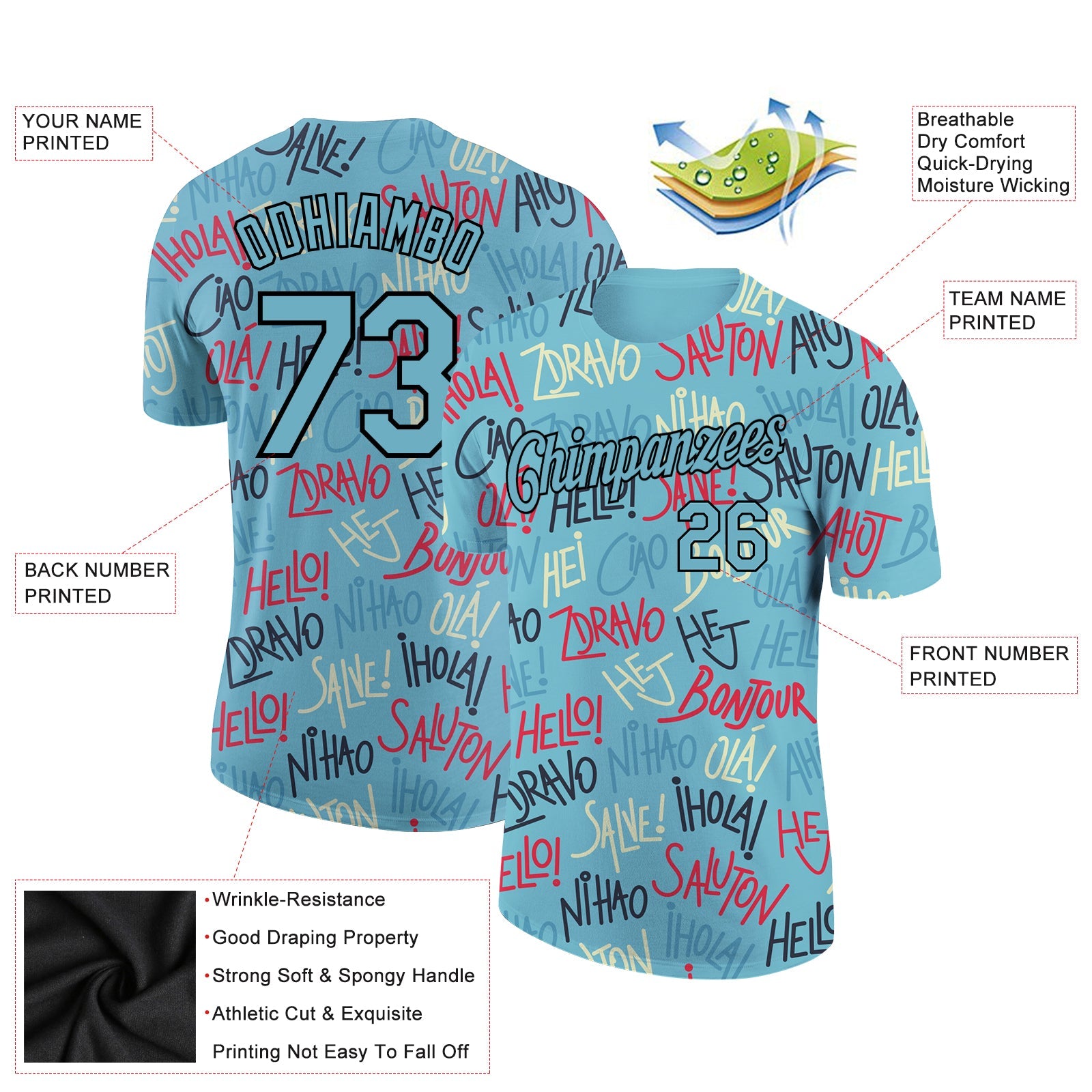 Custom Panther Blue Black 3D Pattern Design Hello Performance T-Shirt view 2