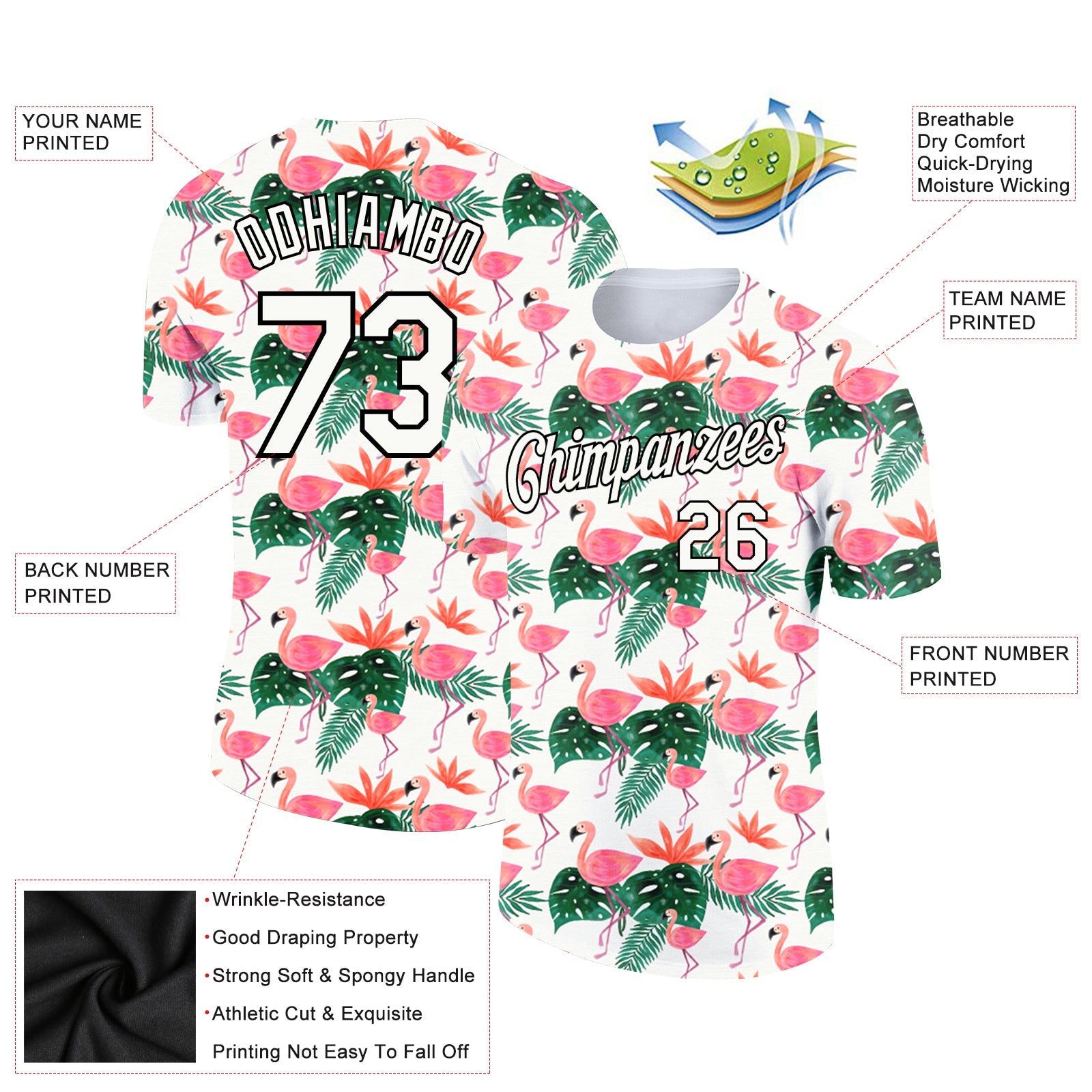 Custom White Black 3D Pattern Design Tropical Hawaii Flamingo Performance T-Shirt view 2