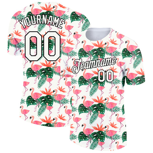 Custom White Black 3D Pattern Design Tropical Hawaii Flamingo Performance T-Shirt - Main View
