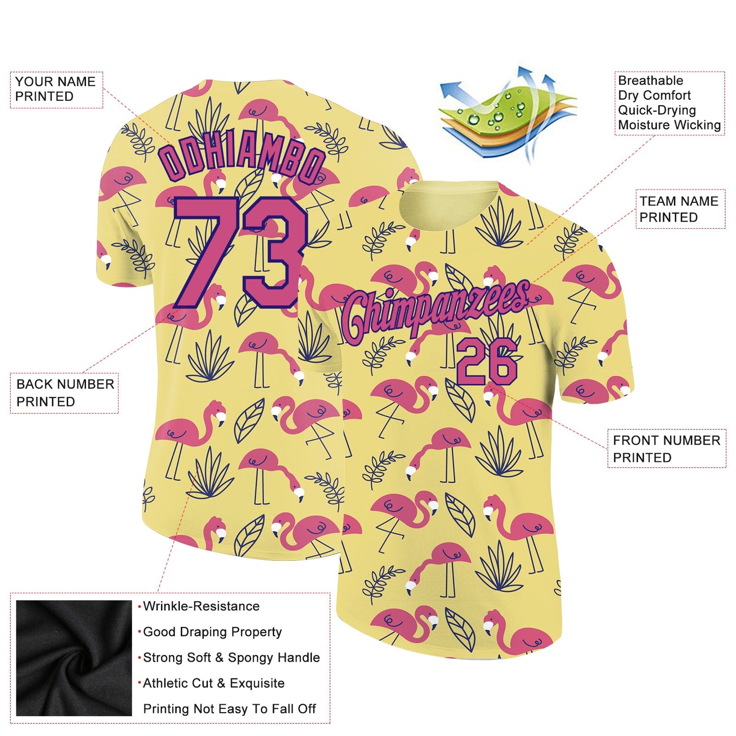 Custom Yellow Pink-Dark Purple 3D Pattern Design Tropical Hawaii Flamingo Performance T-Shirt view 2