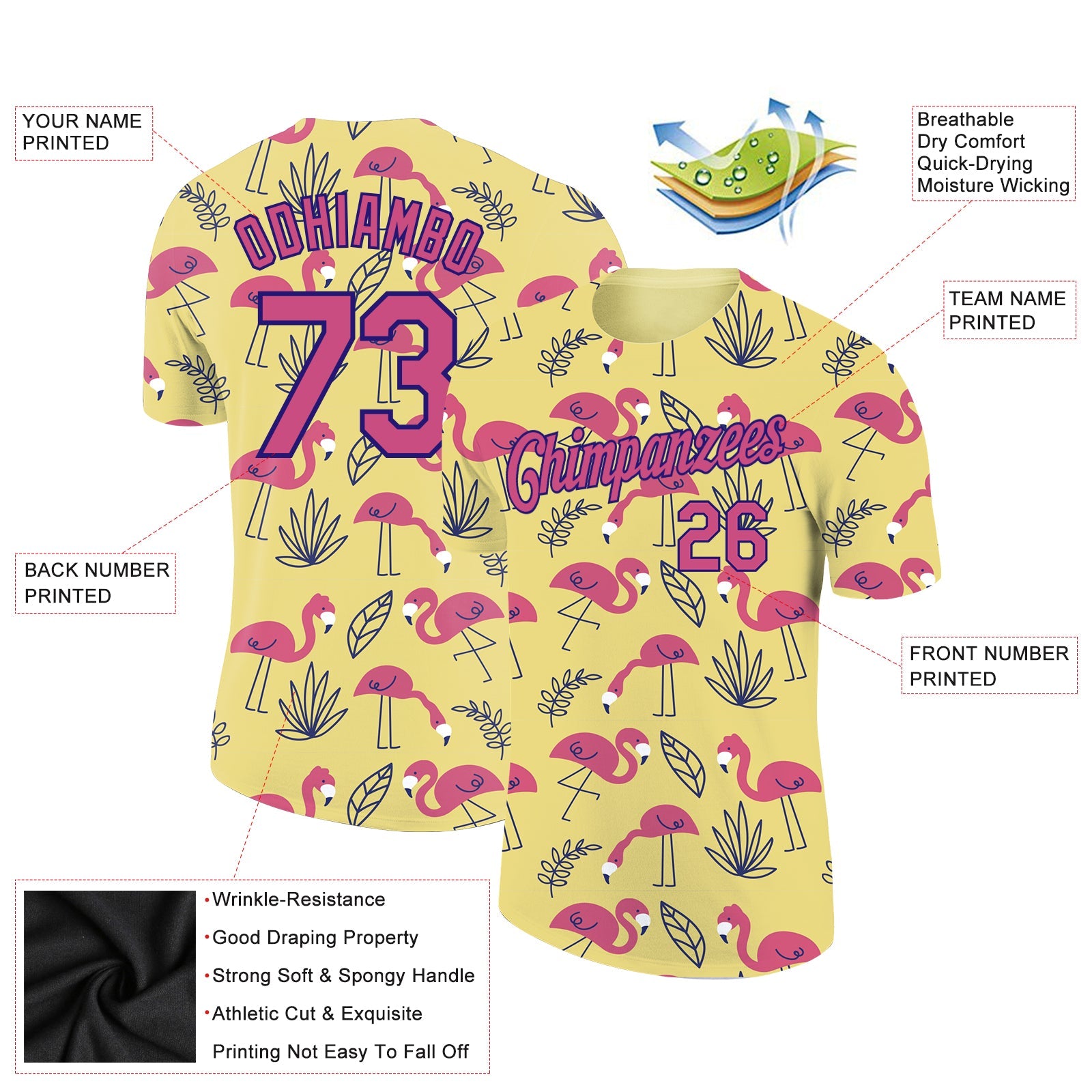 Custom Yellow Pink-Dark Purple 3D Pattern Design Tropical Hawaii Flamingo Performance T-Shirt view 2