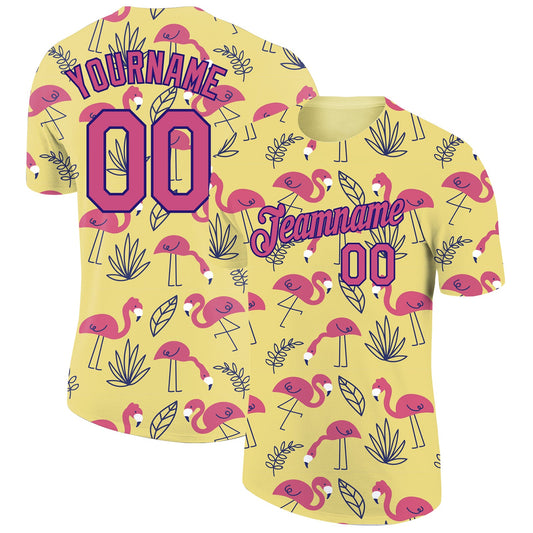Custom Yellow Pink-Dark Purple 3D Pattern Design Tropical Hawaii Flamingo Performance T-Shirt - Main View