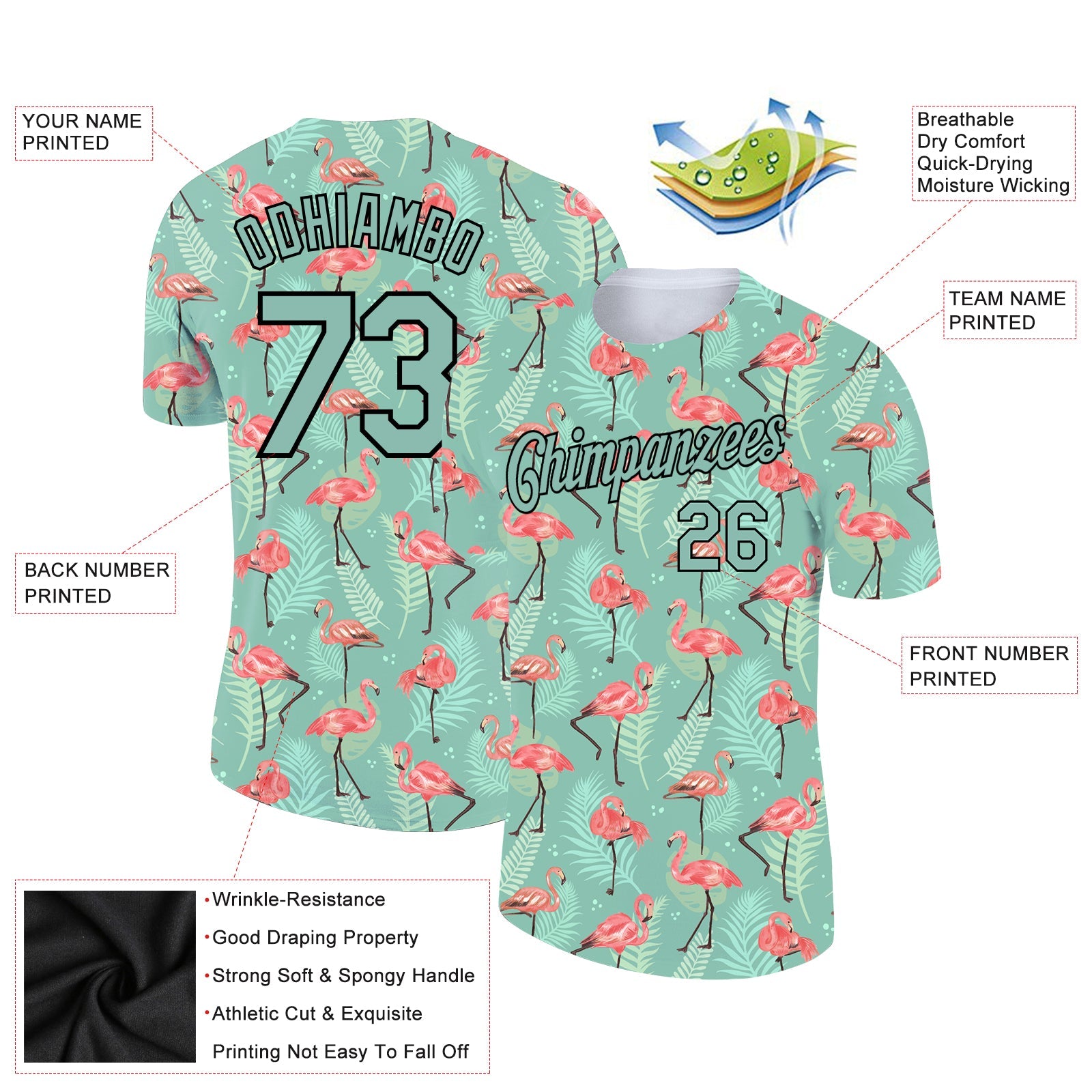 Custom Teal Black 3D Pattern Design Tropical Hawaii Flamingo Performance T-Shirt view 2