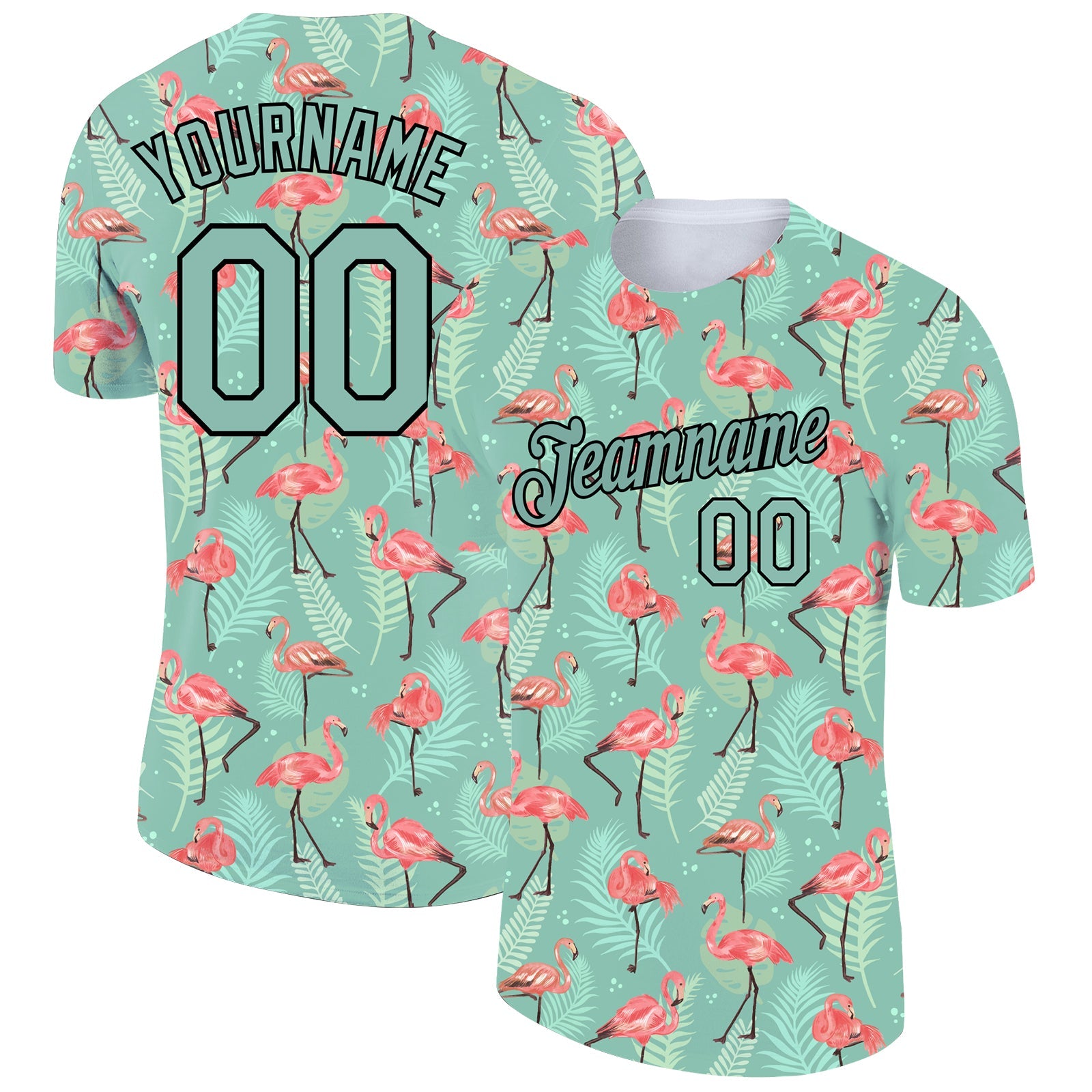 Custom Teal Black 3D Pattern Design Tropical Hawaii Flamingo Performance T-Shirt - Main View