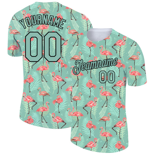 Custom Teal Black 3D Pattern Design Tropical Hawaii Flamingo Performance T-Shirt - Main View