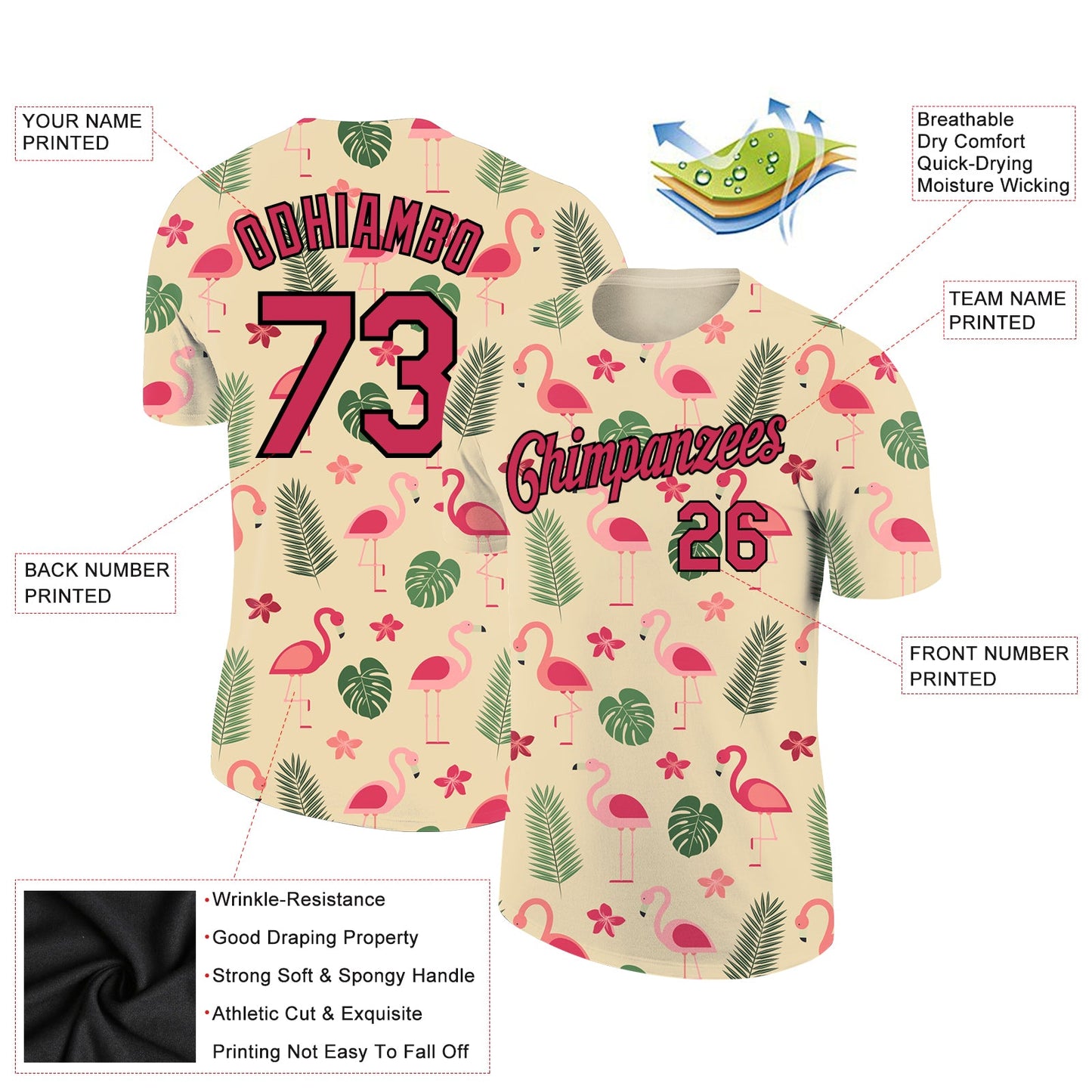 Custom City Cream Neon Pink-Black 3D Pattern Design Tropical Hawaii Flamingo Performance T-Shirt view 2