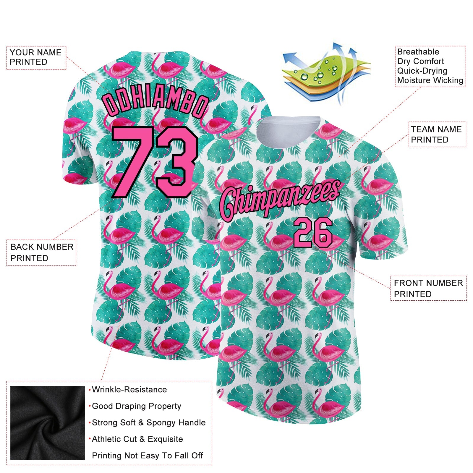 Custom White Pink-Black 3D Pattern Design Tropical Hawaii Flamingo Performance T-Shirt view 2
