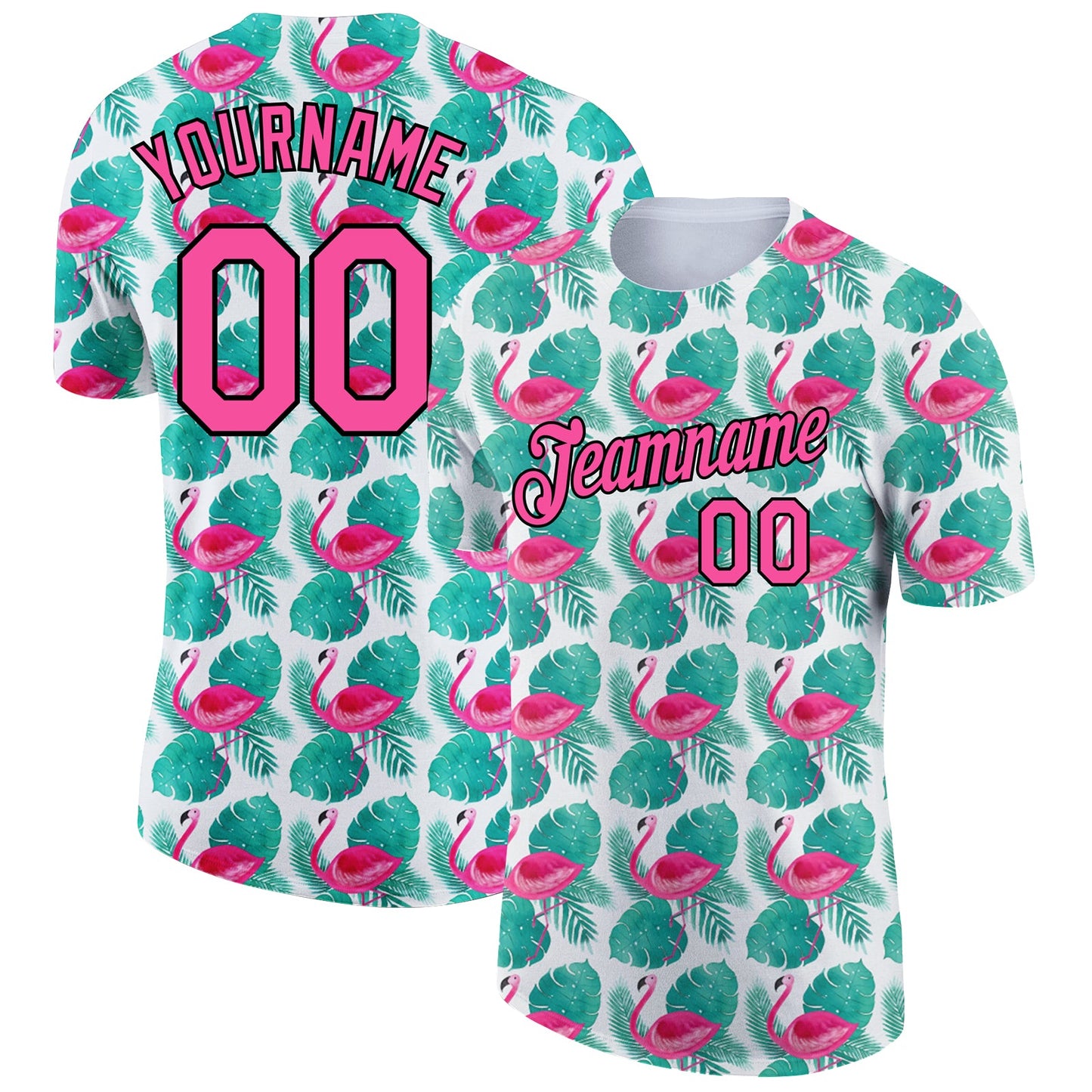 Custom White Pink-Black 3D Pattern Design Tropical Hawaii Flamingo Performance T-Shirt - Main View