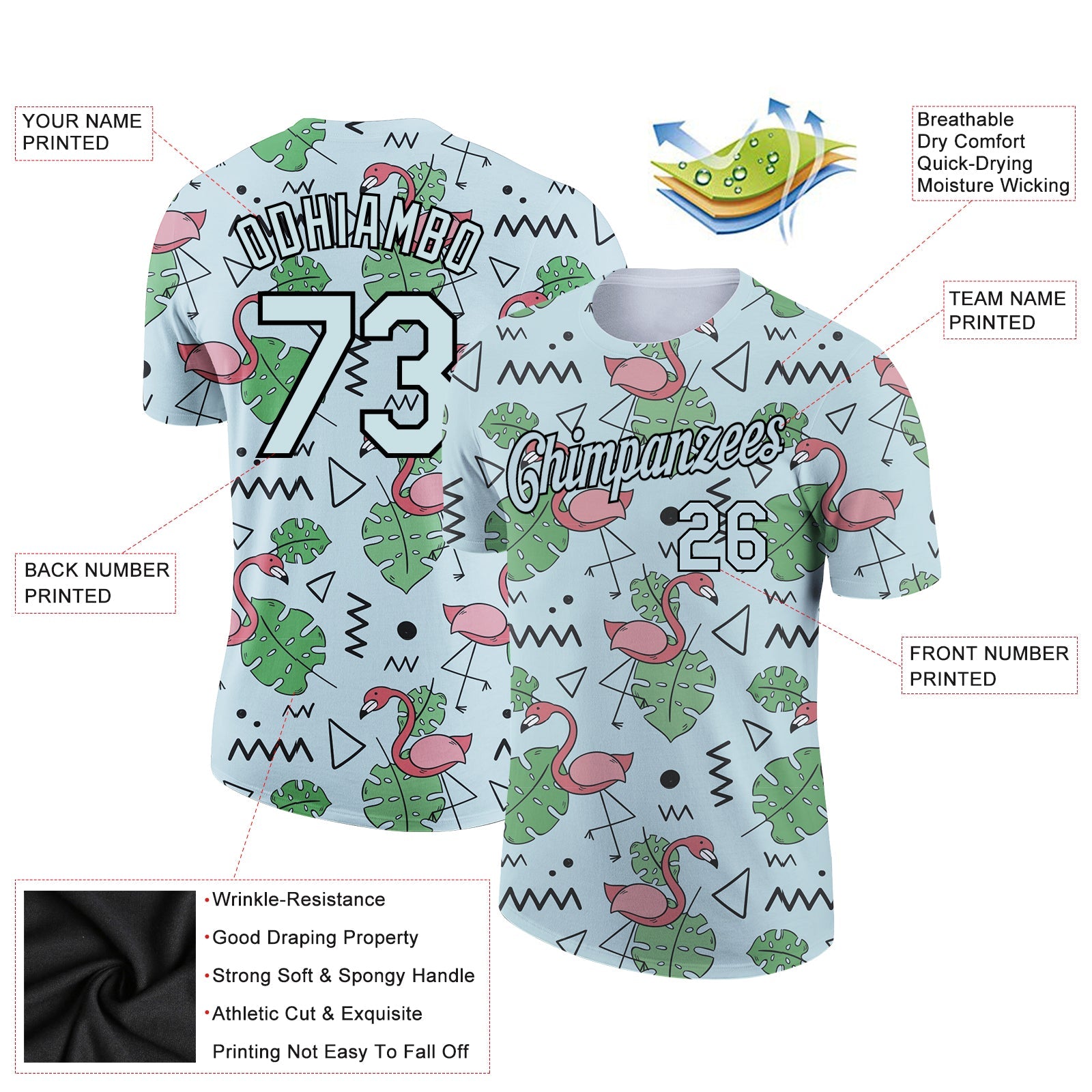 Custom Light Blue Black 3D Pattern Design Tropical Hawaii Flamingo Performance T-Shirt view 2