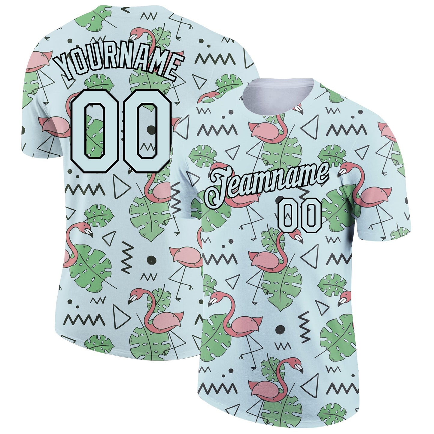 Custom Light Blue Black 3D Pattern Design Tropical Hawaii Flamingo Performance T-Shirt - Main View
