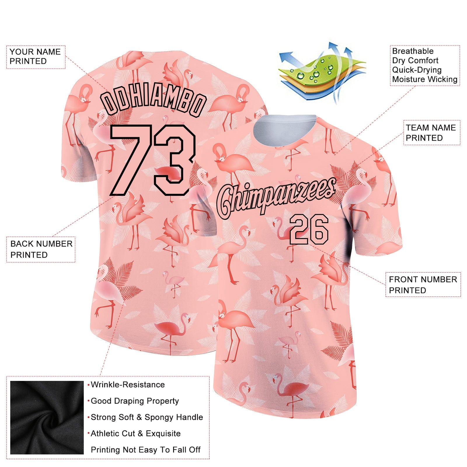 Custom Medium Pink Black 3D Pattern Design Tropical Hawaii Flamingo Performance T-Shirt view 2