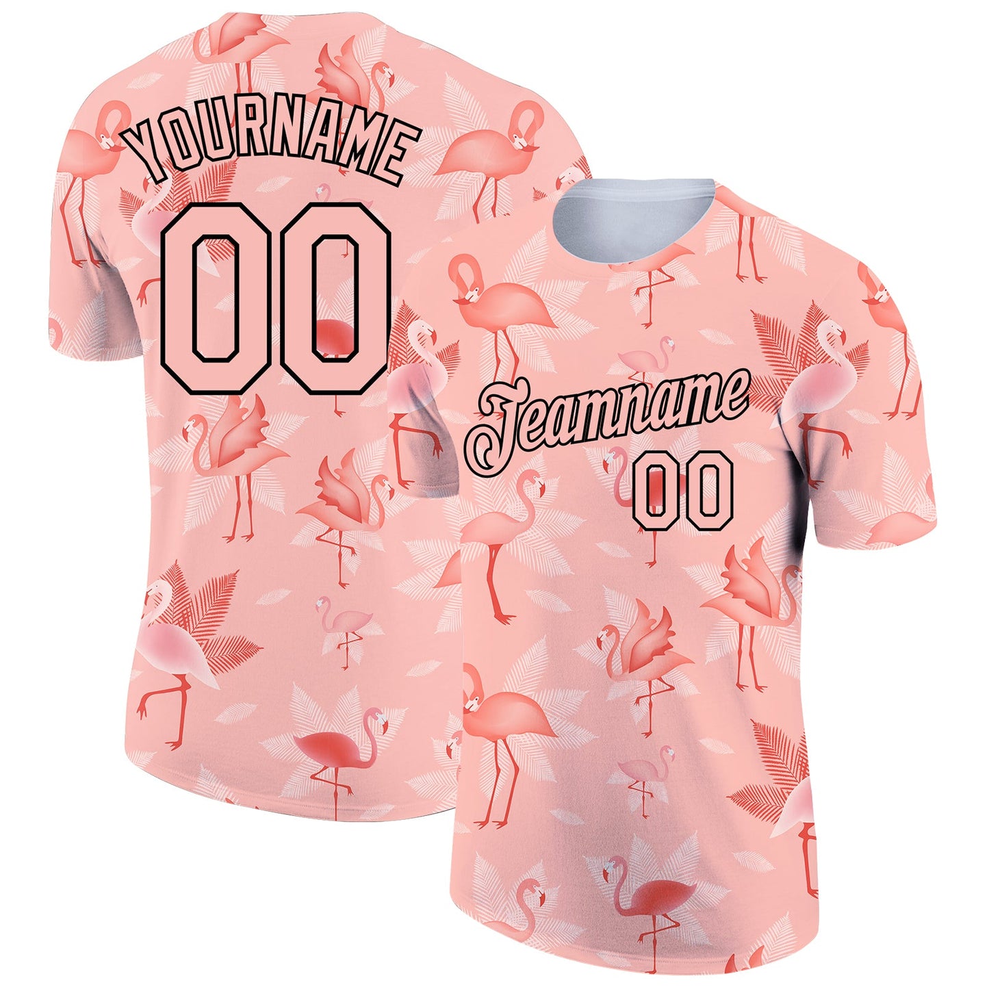 Custom Medium Pink Black 3D Pattern Design Tropical Hawaii Flamingo Performance T-Shirt - Main View