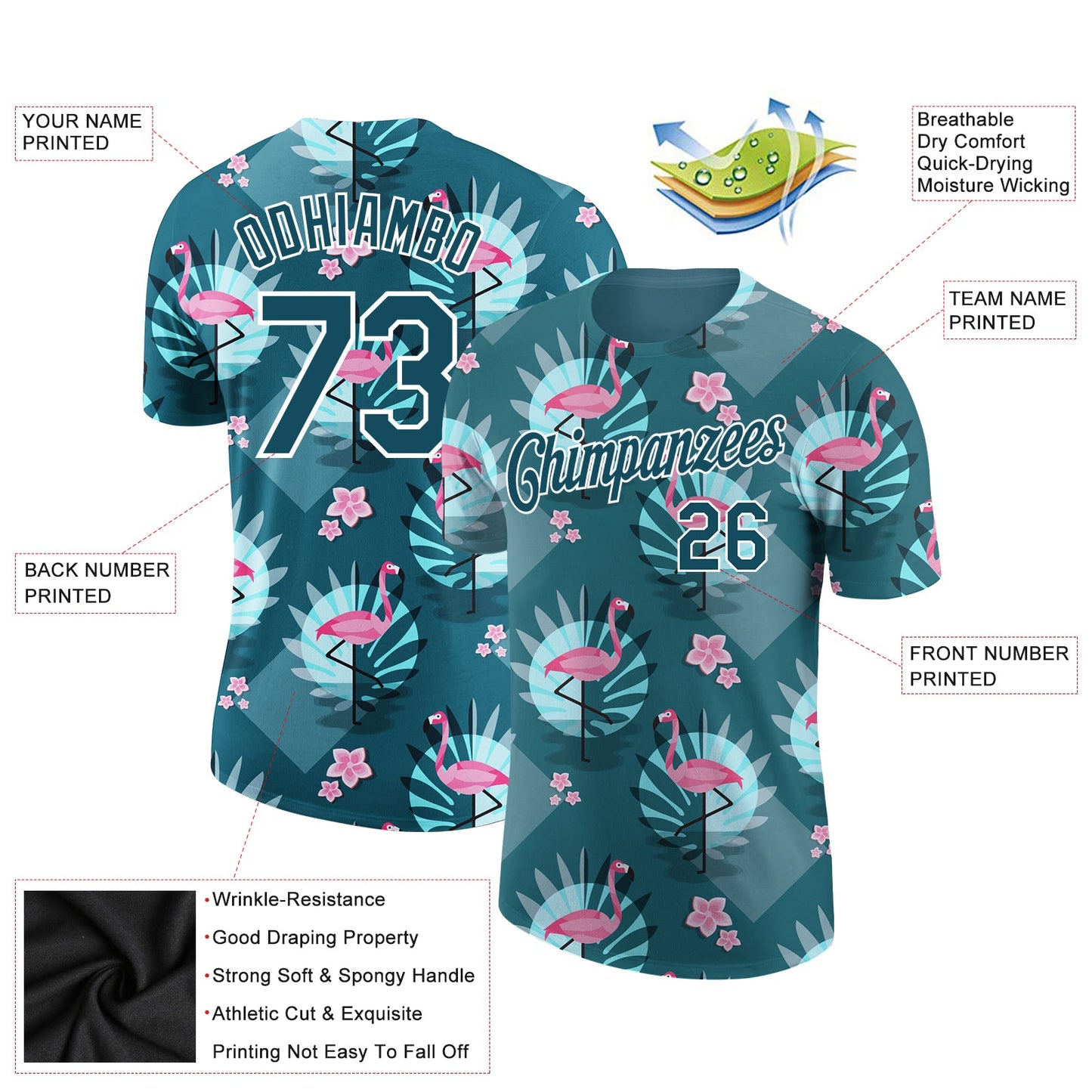 Custom Teal White 3D Pattern Design Tropical Hawaii Flamingo Performance T-Shirt view 2