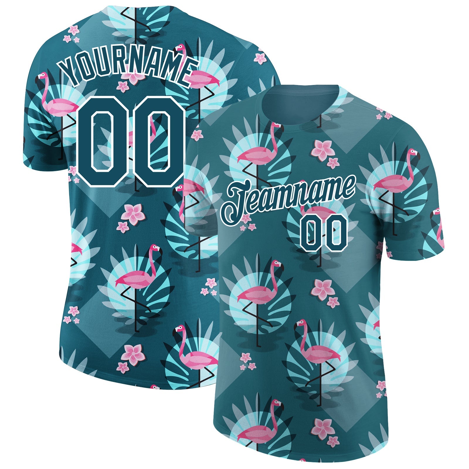 Custom Teal White 3D Pattern Design Tropical Hawaii Flamingo Performance T-Shirt - Main View
