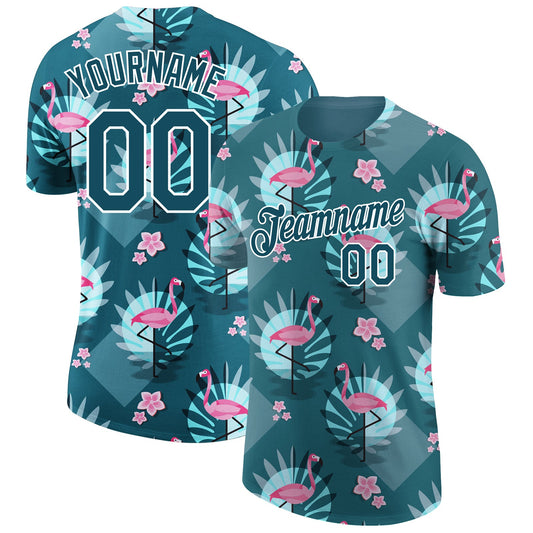 Custom Teal White 3D Pattern Design Tropical Hawaii Flamingo Performance T-Shirt - Main View