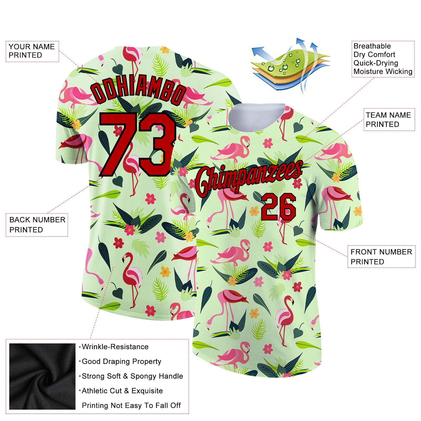 Custom Pea Green Red-Black 3D Pattern Design Tropical Hawaii Flamingo Performance T-Shirt view 2