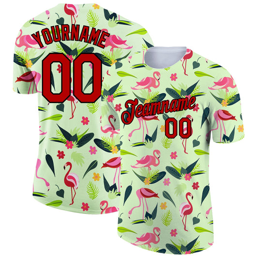 Custom Pea Green Red-Black 3D Pattern Design Tropical Hawaii Flamingo Performance T-Shirt - Main View