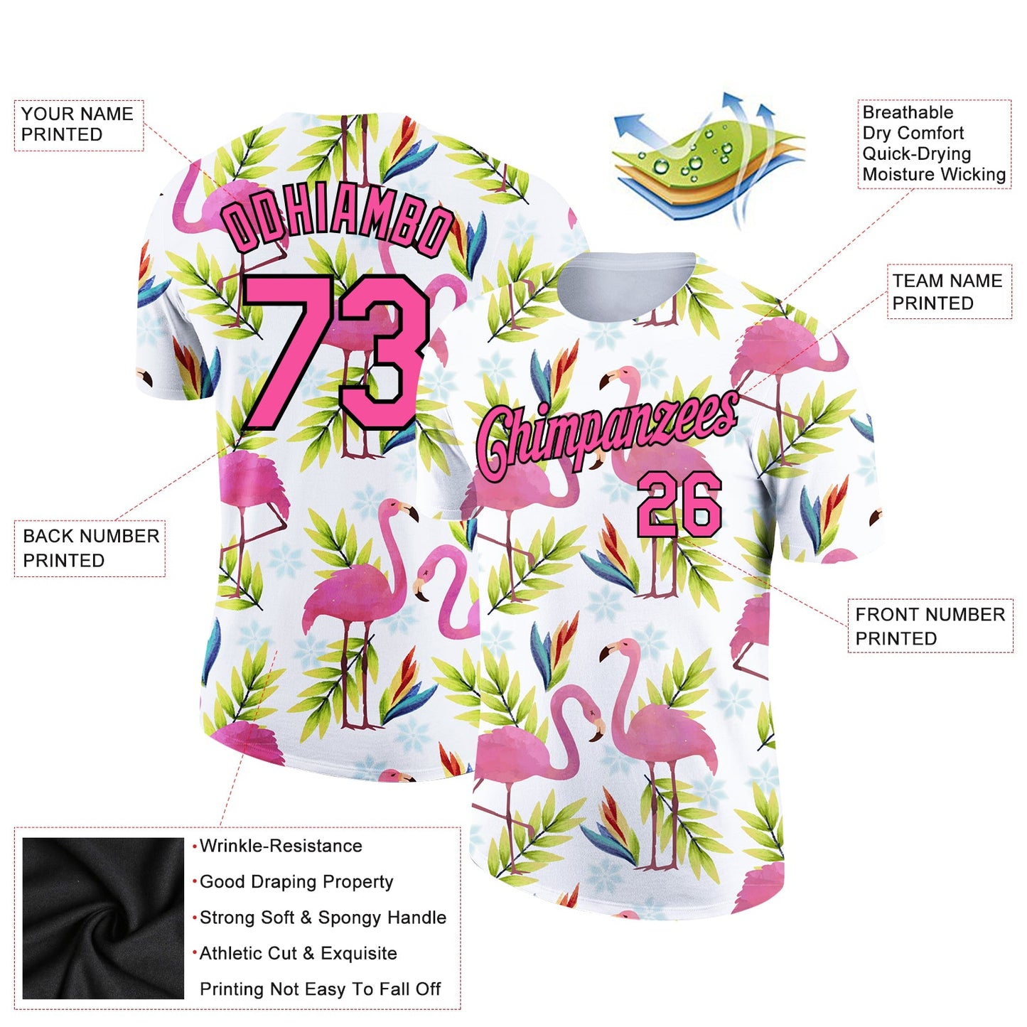Custom White Pink-Black 3D Pattern Design Tropical Hawaii Flamingo Performance T-Shirt view 2