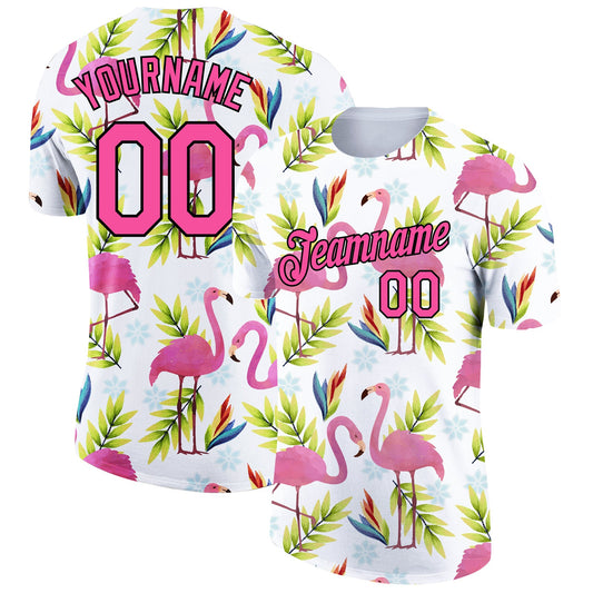 Custom White Pink-Black 3D Pattern Design Tropical Hawaii Flamingo Performance T-Shirt - Main View