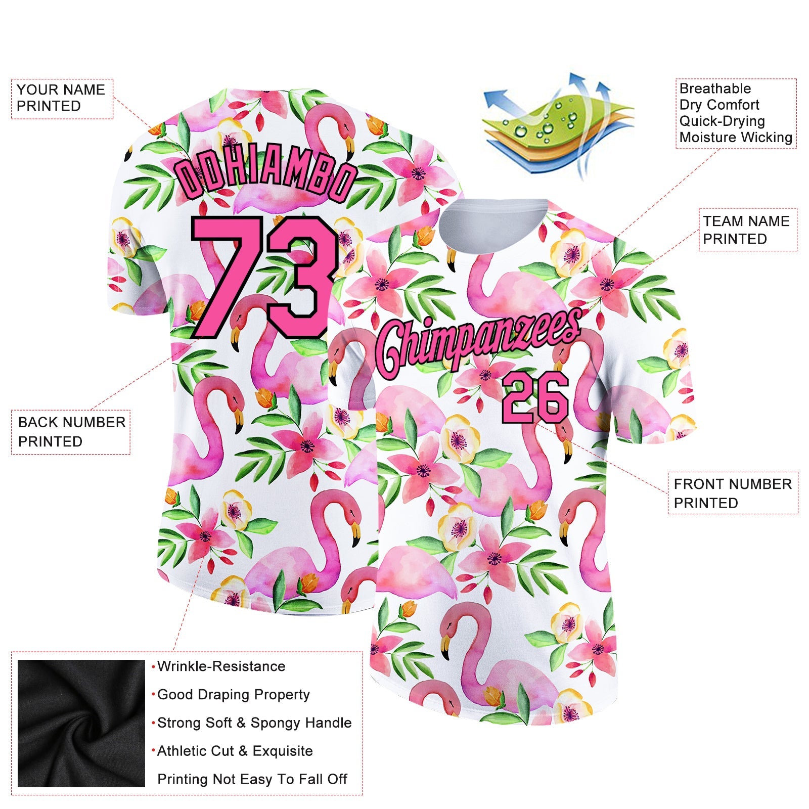 Custom White Pink-Black 3D Pattern Design Tropical Hawaii Flamingo Performance T-Shirt view 2