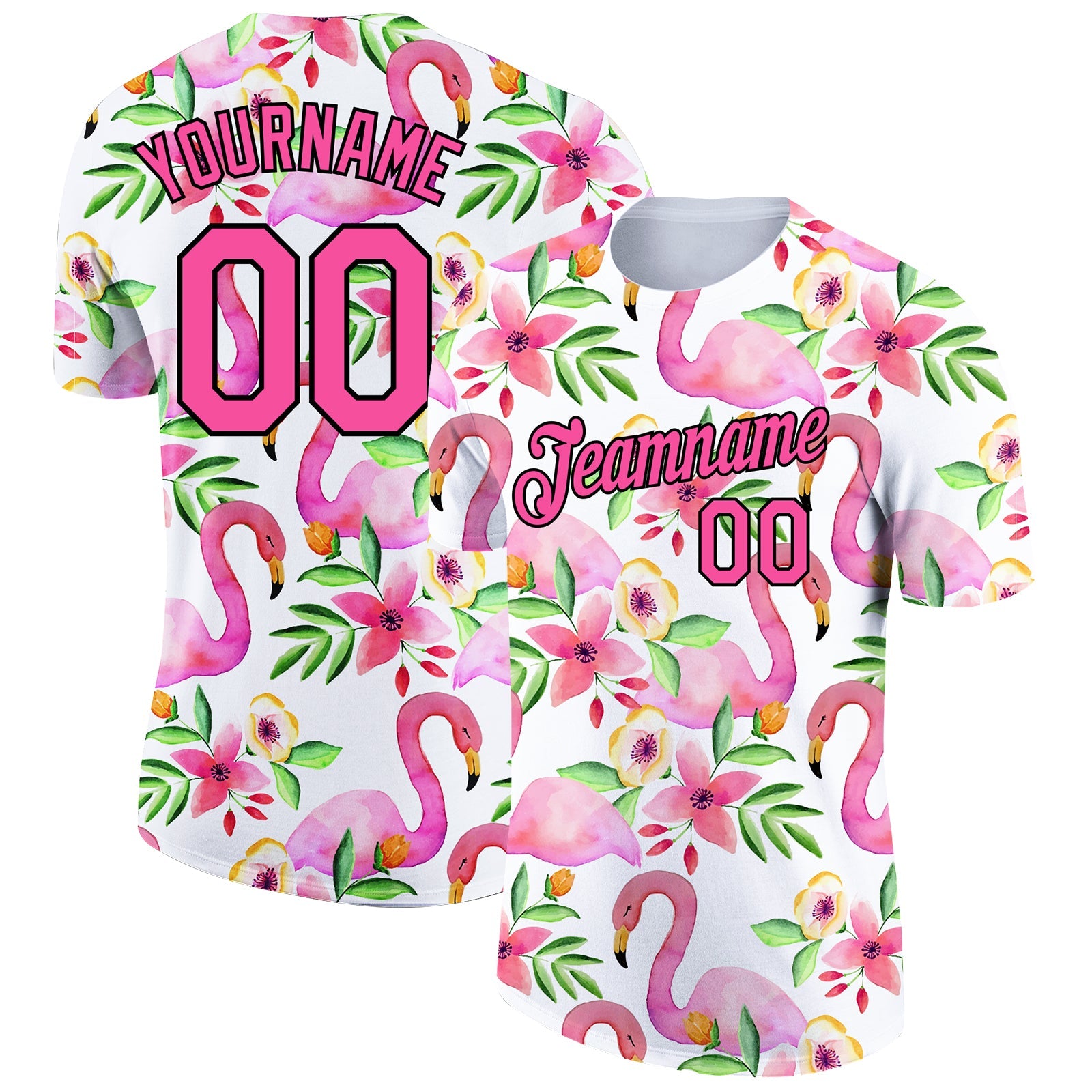 Custom White Pink-Black 3D Pattern Design Tropical Hawaii Flamingo Performance T-Shirt - Main View