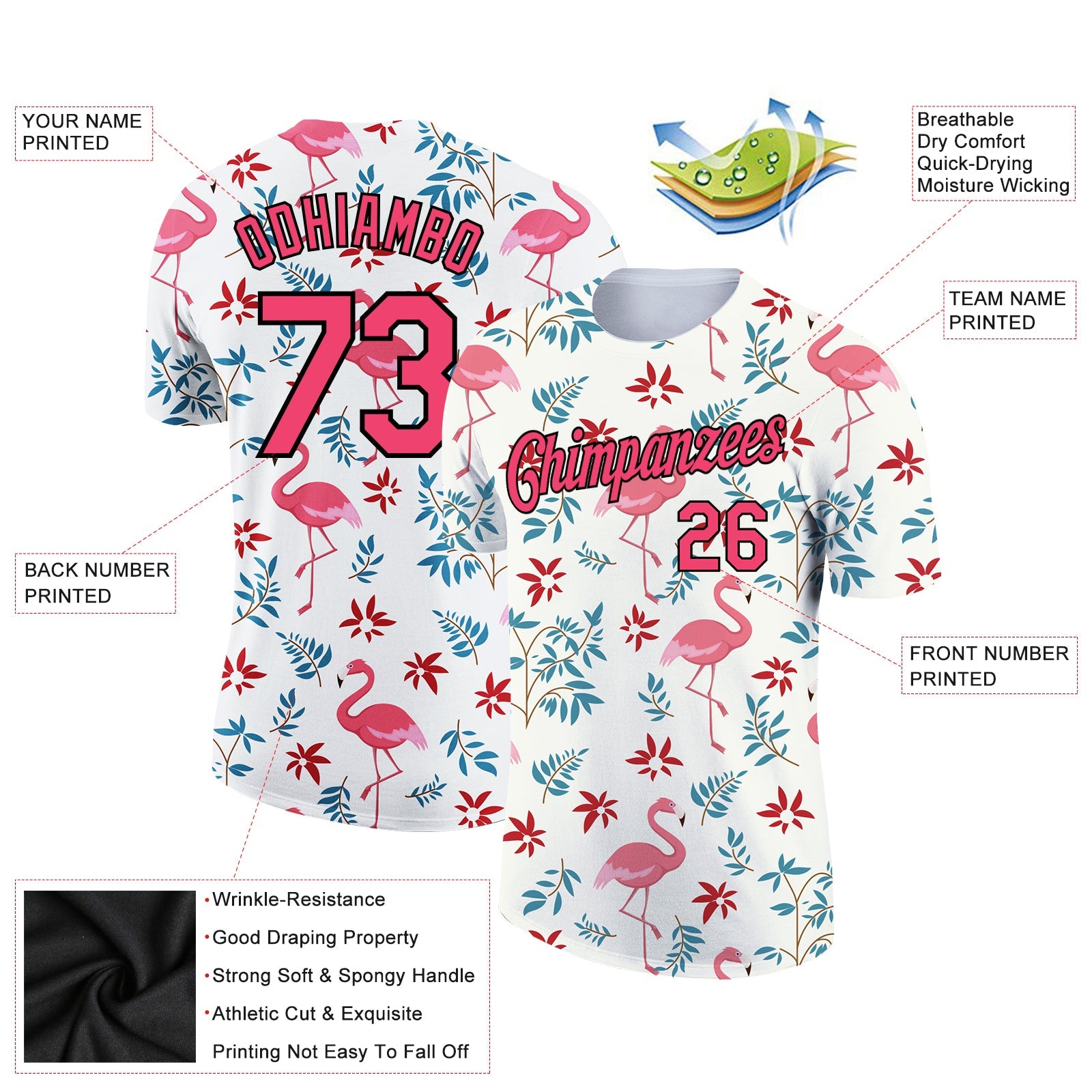 Custom White Neon Pink-Black 3D Pattern Design Tropical Hawaii Flamingo Performance T-Shirt view 2