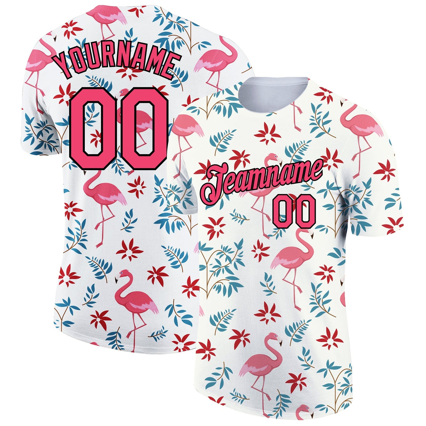 Custom White Neon Pink-Black 3D Pattern Design Tropical Hawaii Flamingo Performance T-Shirt - Main View