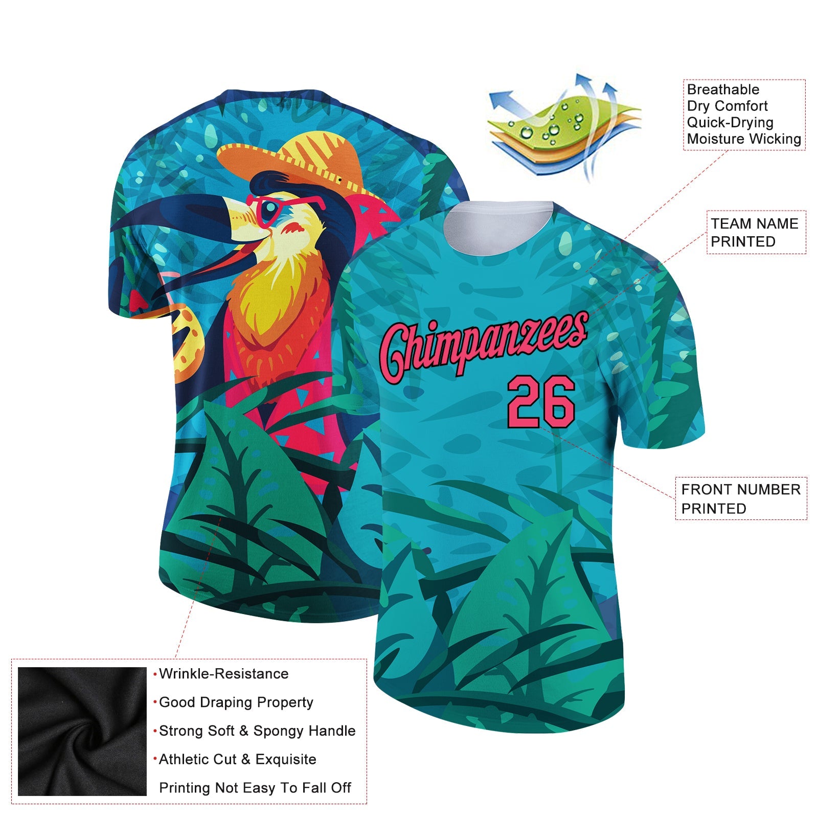 Custom Green Neon Pink-Black 3D Pattern Design Tropical Hawaii Pelican Performance T-Shirt view 2