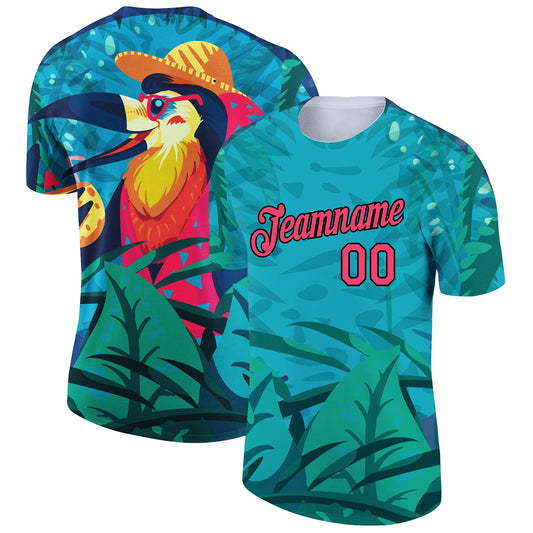 Custom Green Neon Pink-Black 3D Pattern Design Tropical Hawaii Pelican Performance T-Shirt - Main View