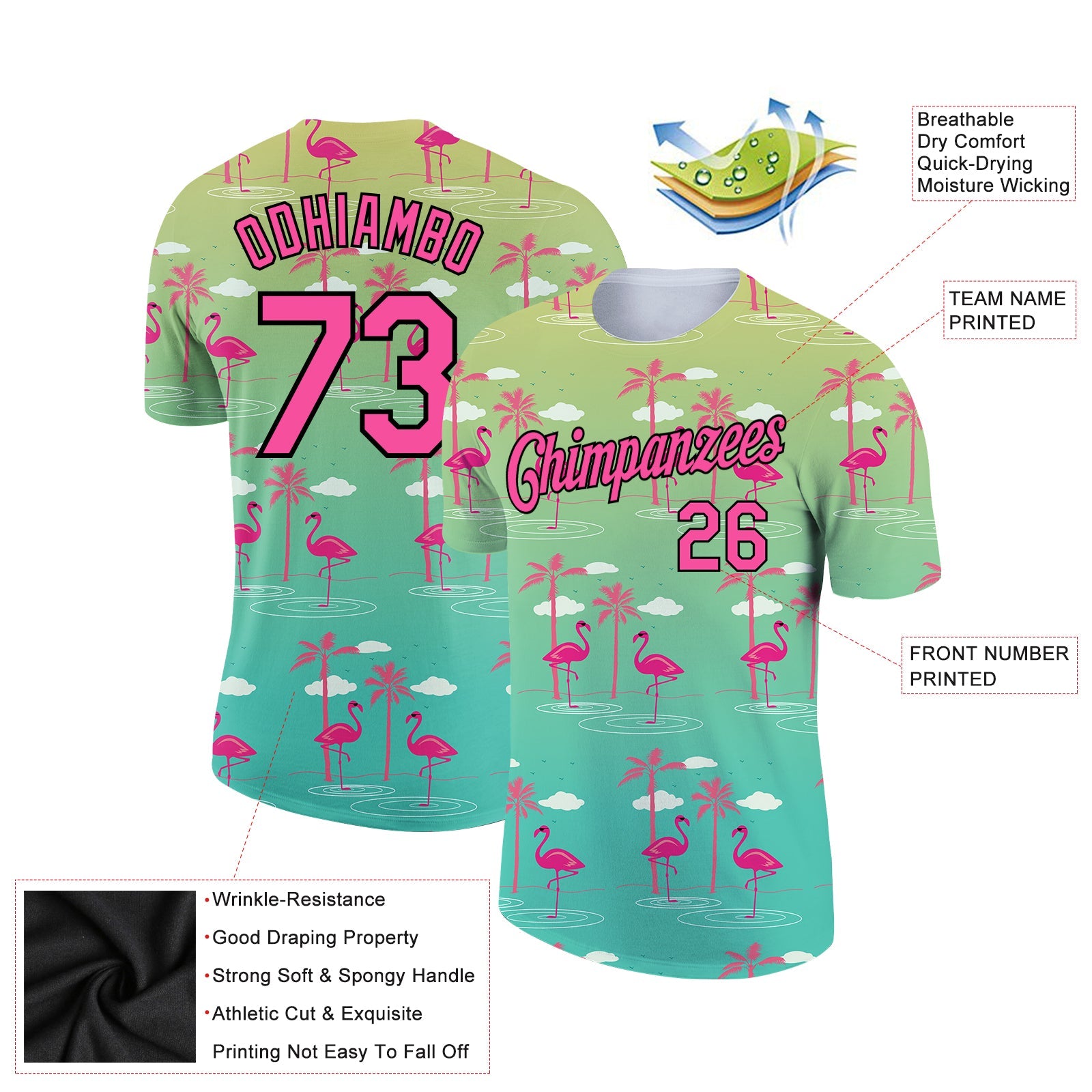 Custom Green Pink-Black 3D Pattern Design Tropical Hawaii Flamingo Performance T-Shirt view 2