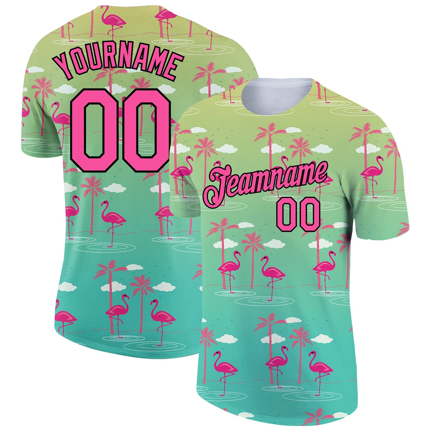 Custom Green Pink-Black 3D Pattern Design Tropical Hawaii Flamingo Performance T-Shirt - Main View