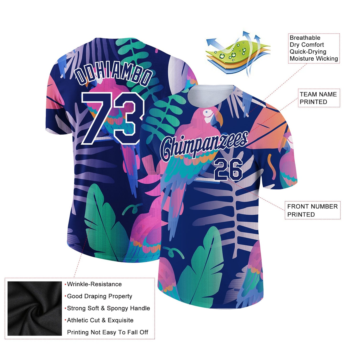 Custom Navy White 3D Pattern Design Tropical Hawaii Bird Performance T-Shirt view 2