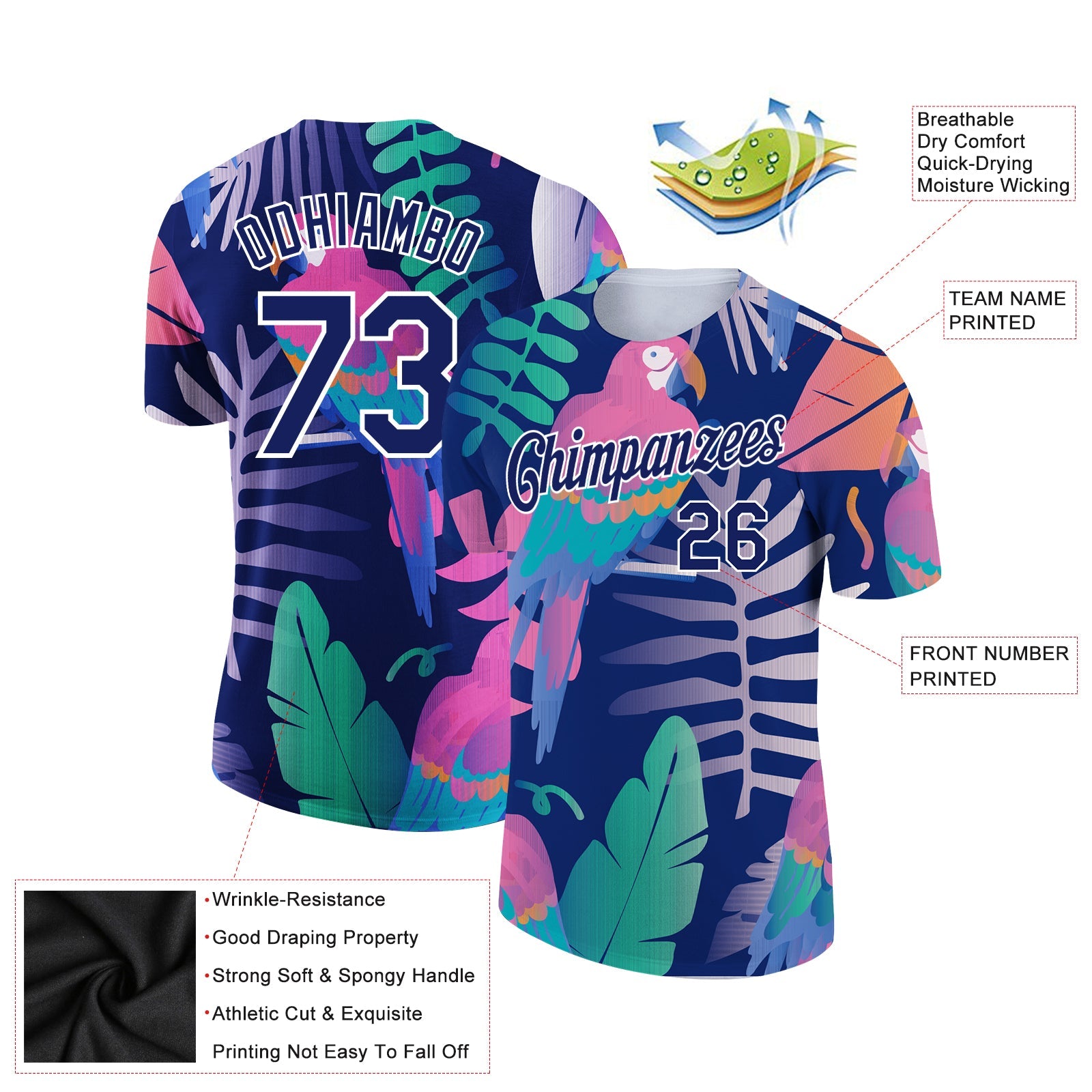 Custom Navy White 3D Pattern Design Tropical Hawaii Bird Performance T-Shirt view 2