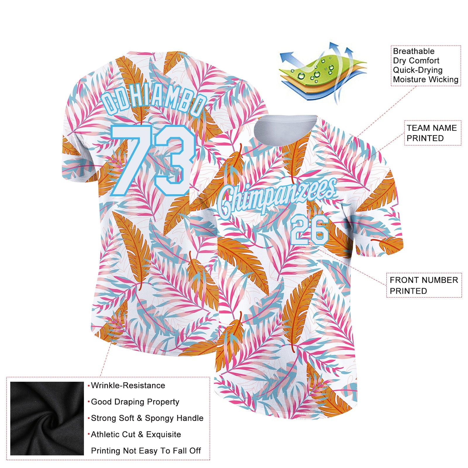 Custom White Sky Blue 3D Pattern Design Tropical Hawaii Leaves Performance T-Shirt view 2