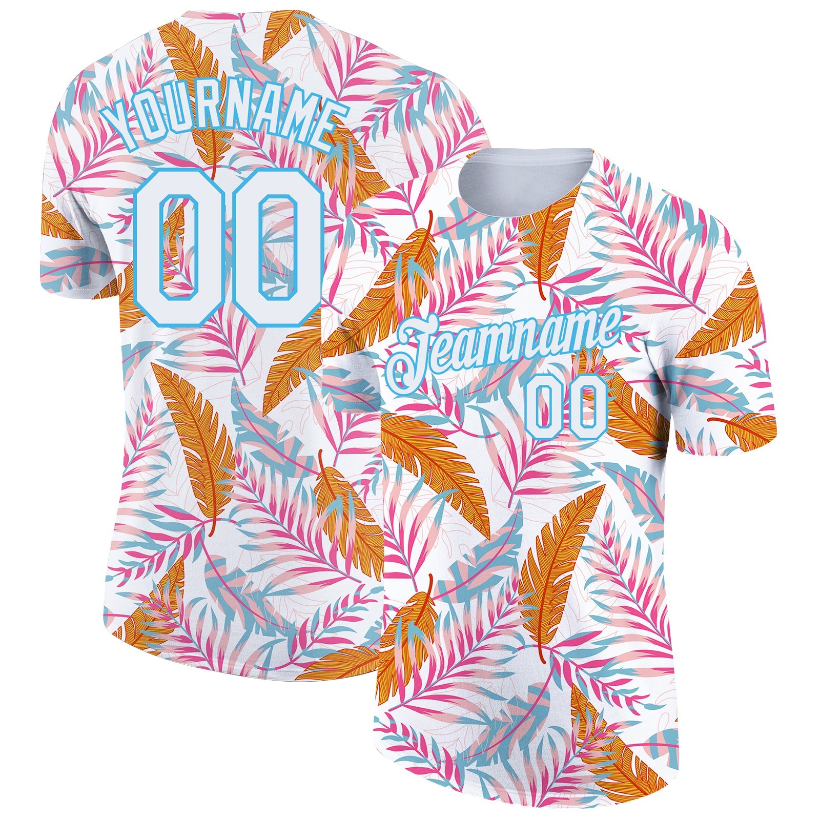 Custom White Sky Blue 3D Pattern Design Tropical Hawaii Leaves Performance T-Shirt - Main View