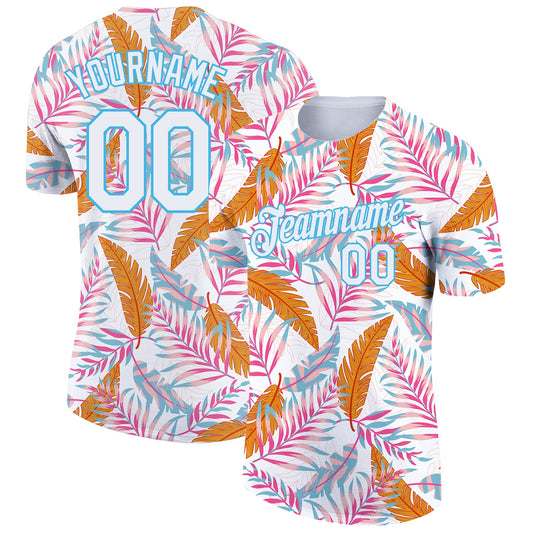 Custom White Sky Blue 3D Pattern Design Tropical Hawaii Leaves Performance T-Shirt - Main View