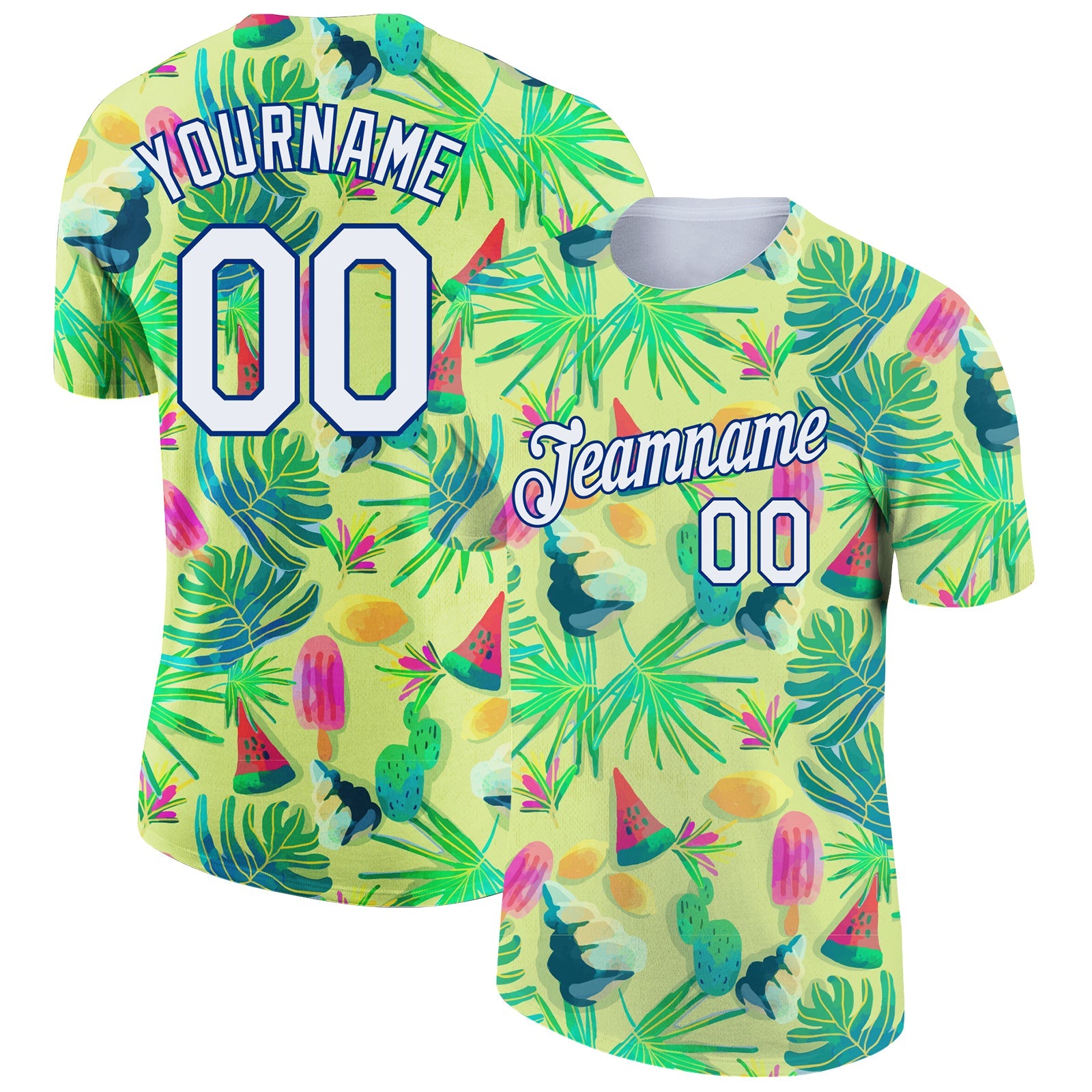 Custom Neon Yellow White-Royal 3D Pattern Design Hawaii Summer Fruit Performance T-Shirt - Main View