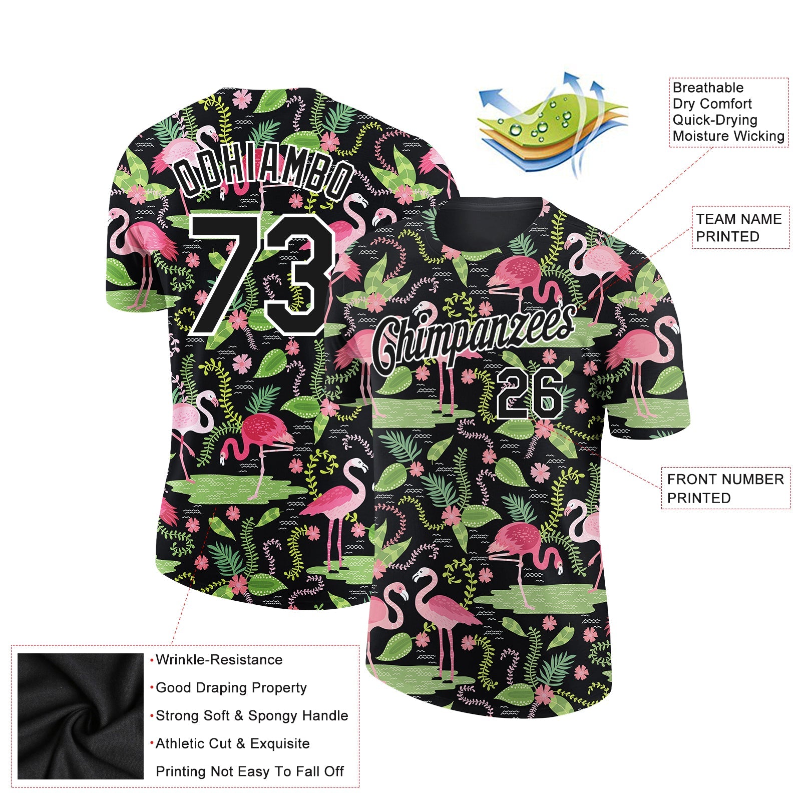 Custom Black White 3D Pattern Design Tropical Hawaii Flamingo Performance T-Shirt view 2