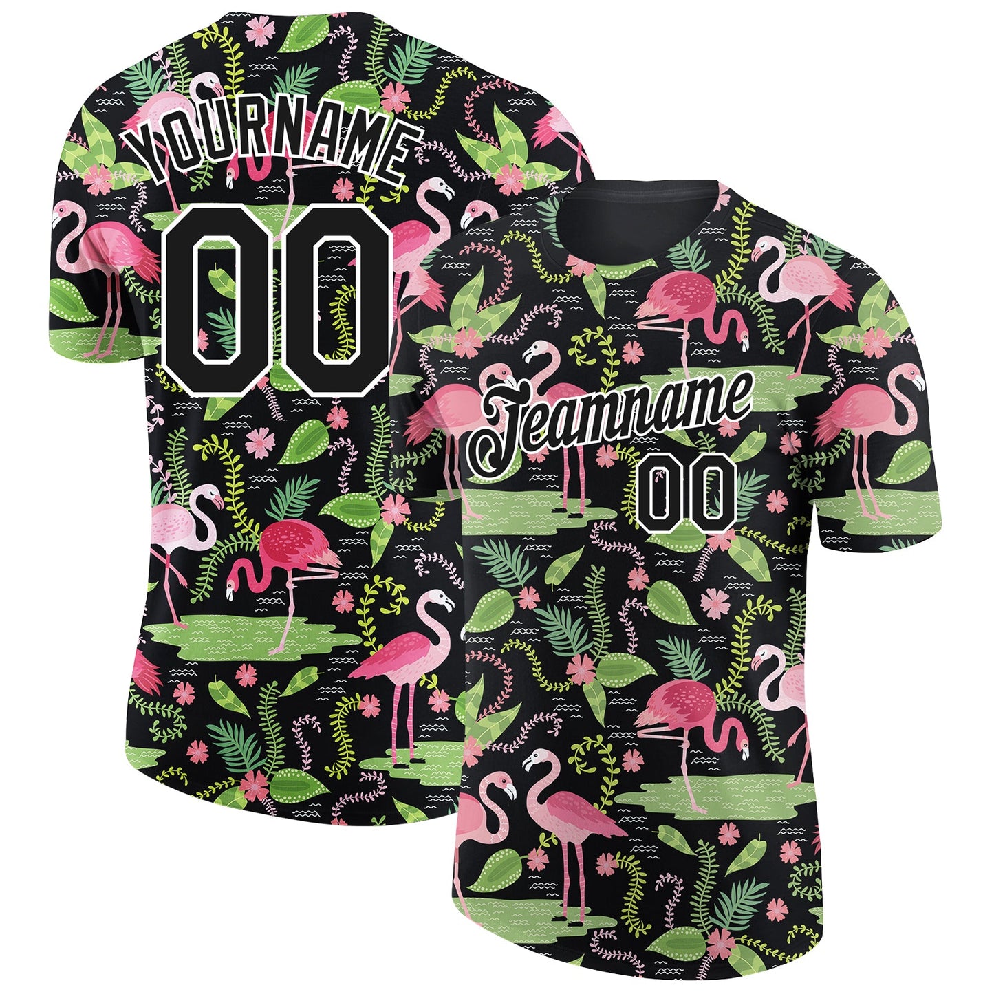 Custom Black White 3D Pattern Design Tropical Hawaii Flamingo Performance T-Shirt - Main View
