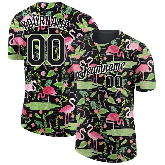 Custom Black White 3D Pattern Design Tropical Hawaii Flamingo Performance T-Shirt - Main View