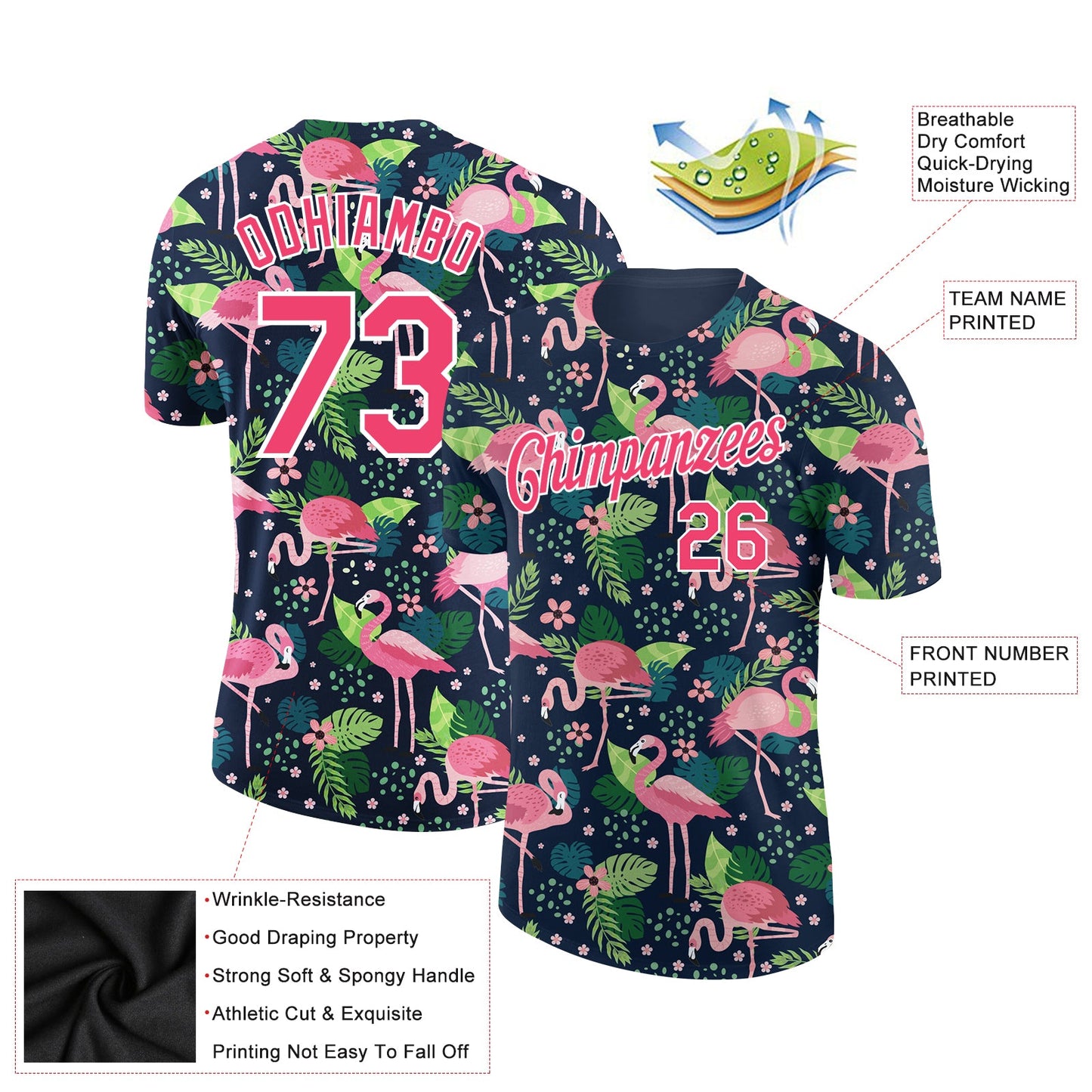 Custom Navy Neon Pink-White 3D Pattern Design Tropical Hawaii Flamingo Performance T-Shirt view 2