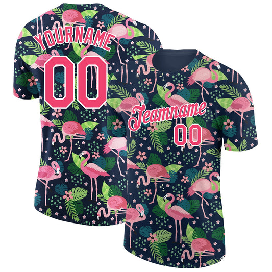 Custom Navy Neon Pink-White 3D Pattern Design Tropical Hawaii Flamingo Performance T-Shirt - Main View