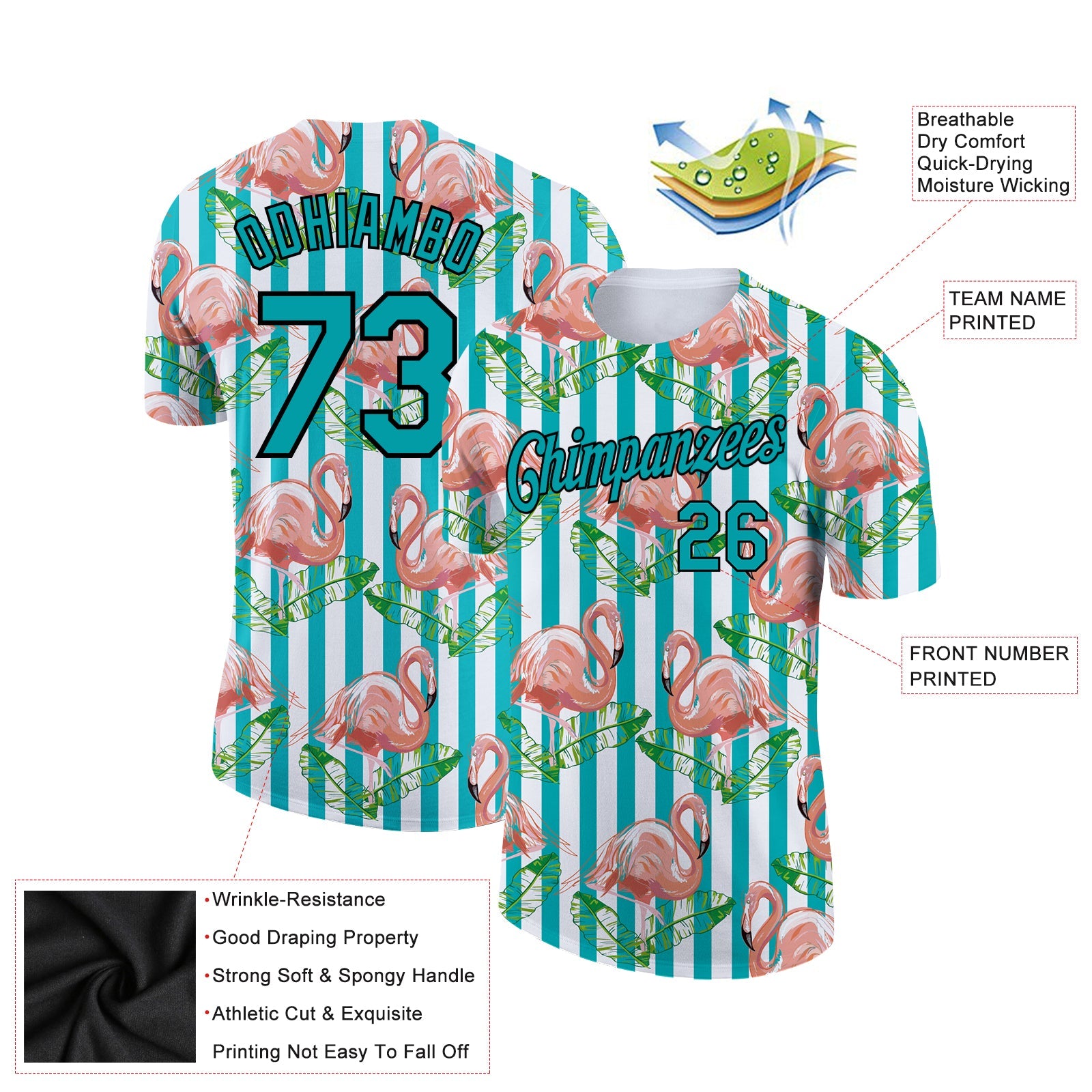 Custom White Teal-Black 3D Pattern Design Tropical Hawaii Flamingo Performance T-Shirt view 2